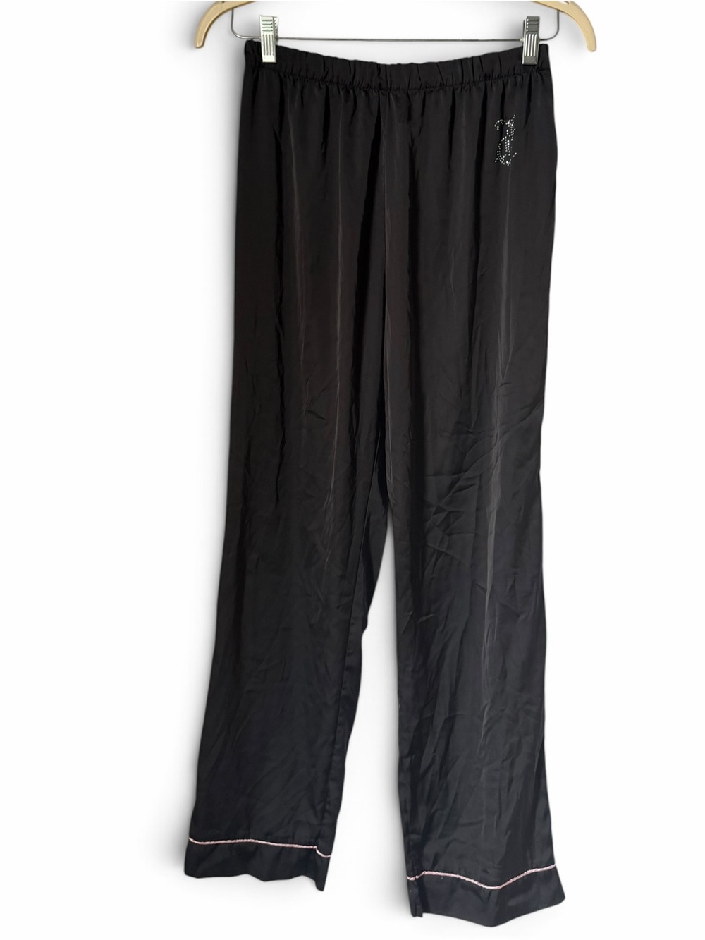 Juicy Couture Black Pajama Set with Pink  Rhinestones Y2K Satin Silky - Picture 5 of 8